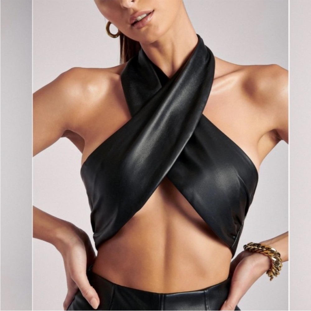 Brown Halter Faux Leather Wrap Top